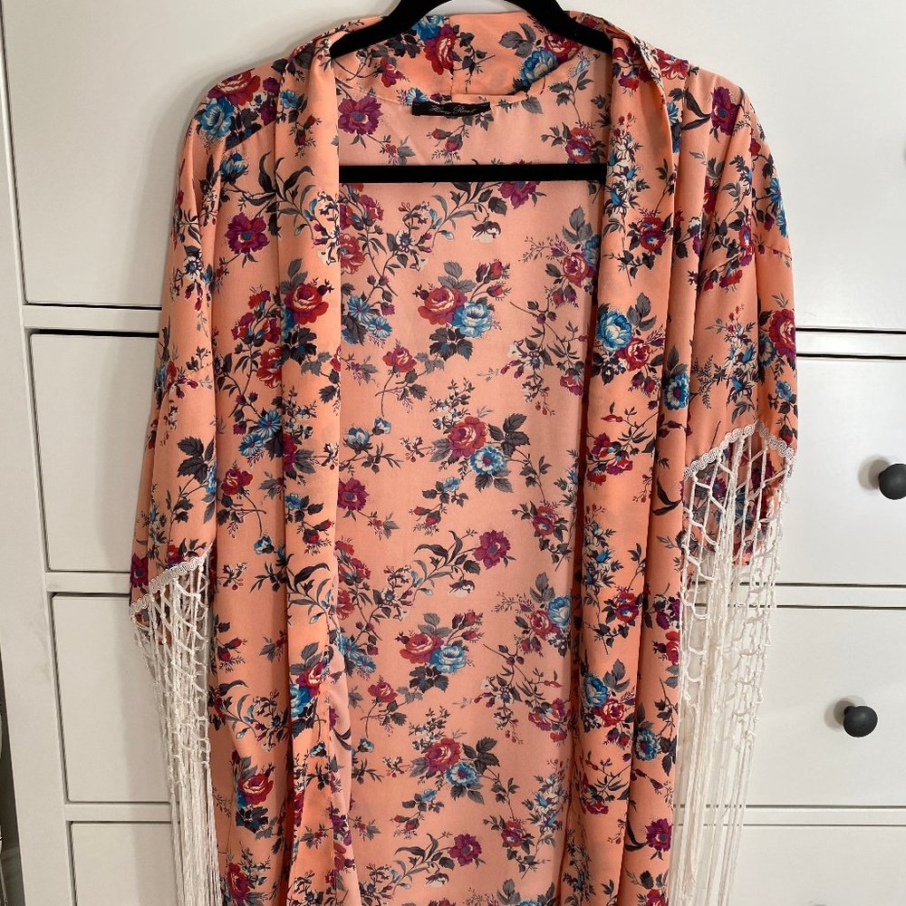 Pink Floral Kimono With Fringe Sleeves